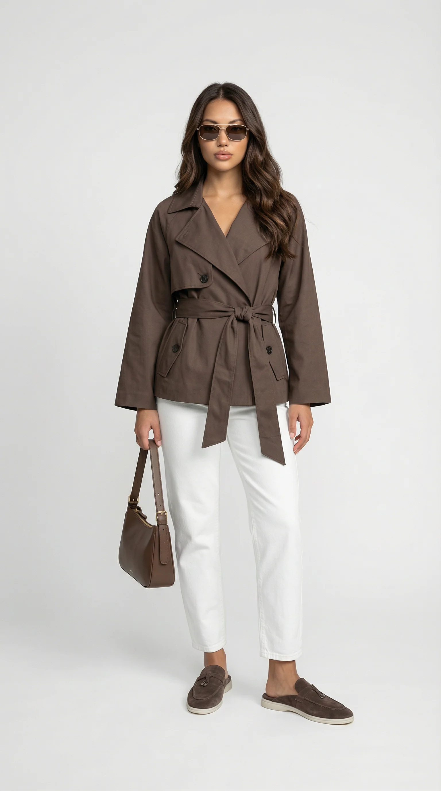 Women's Belted Double-Breasted Brown Trench Coat