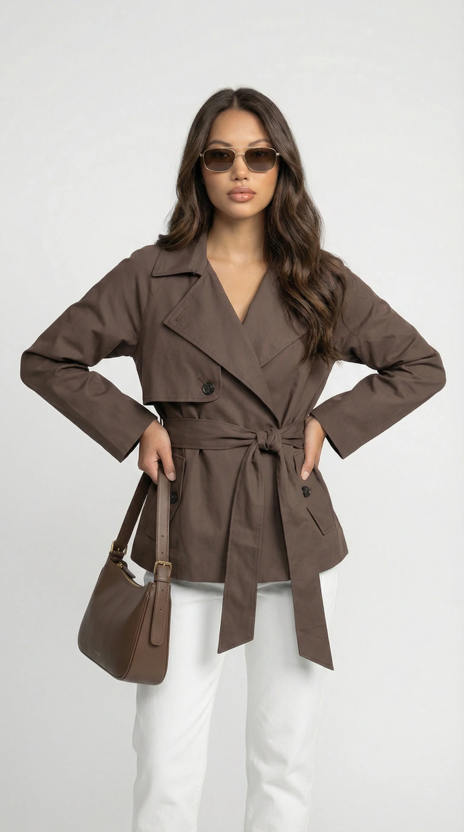Women's Belted Double-Breasted Brown Trench Coat - Image 2