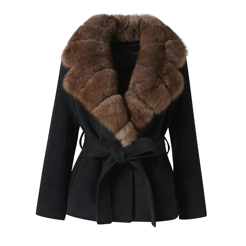 Women's Black Plush Faux Fur Belted Statement Coat - Image 2