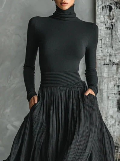 Women's Black Turtleneck Top and Pleated Midi Skirt Two-Piece Set - Image 2