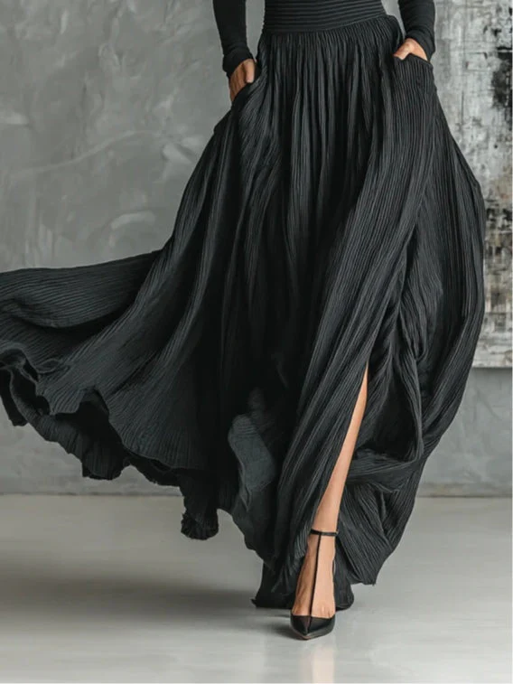 Women's Black Turtleneck Top and Pleated Midi Skirt Two-Piece Set - Image 3