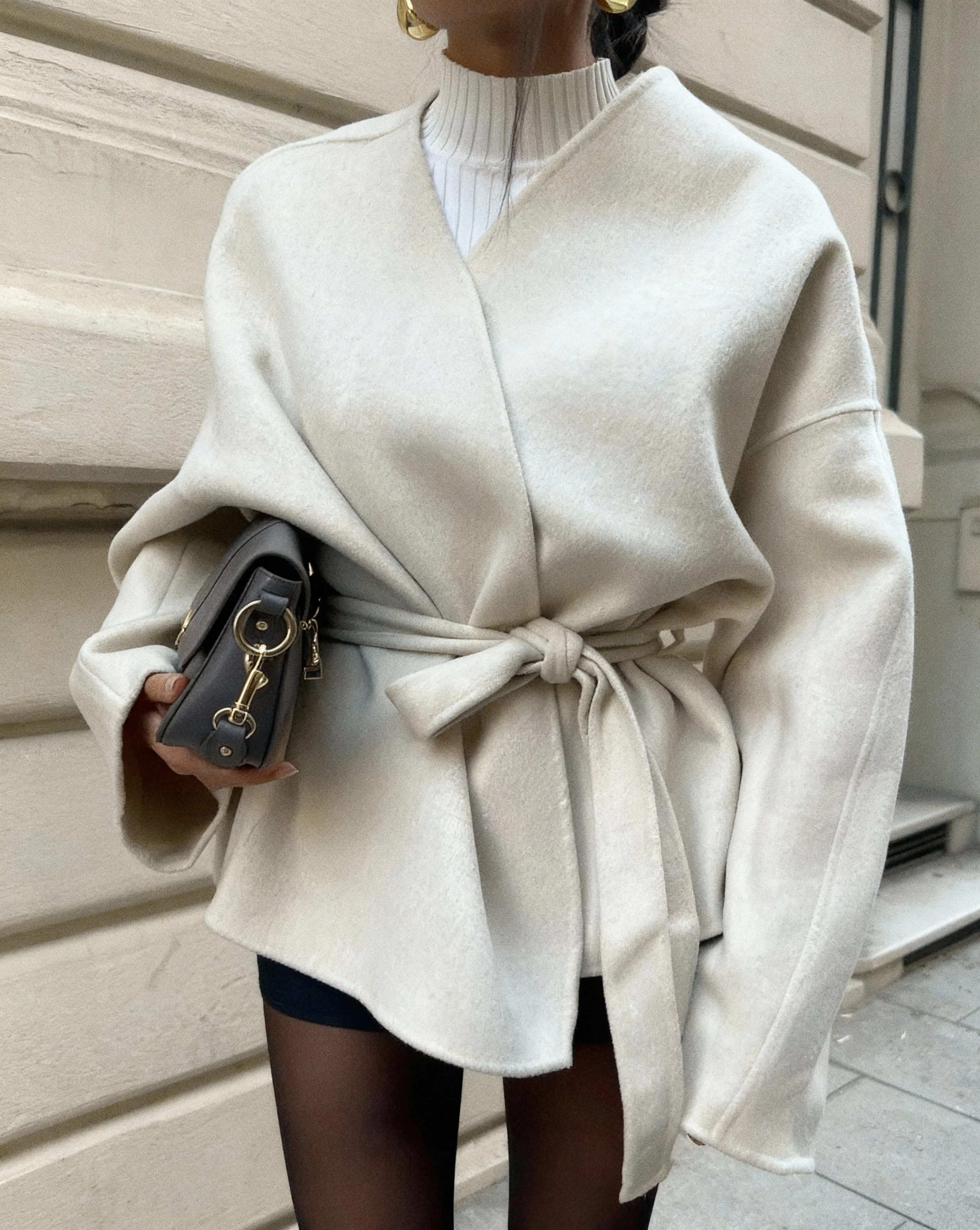 Women's Elegant Tie Waist Beige Tailored Coat - Image 3