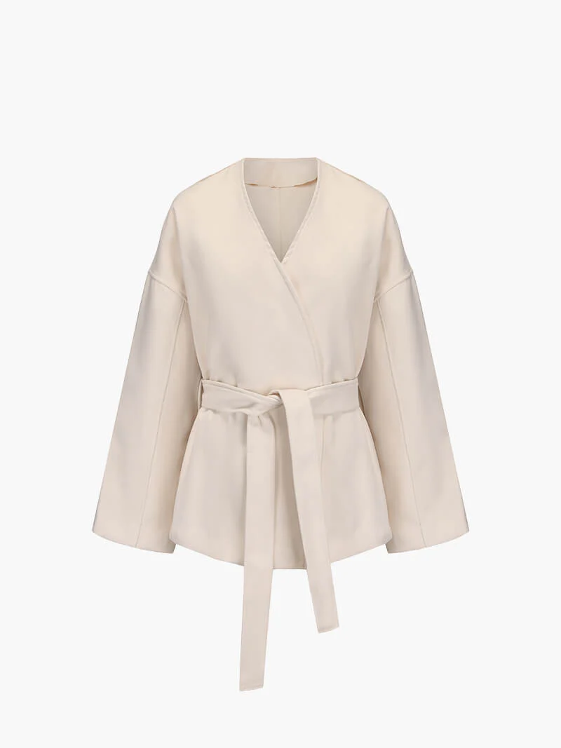 Women's Elegant Tie Waist Beige Tailored Coat - Image 4