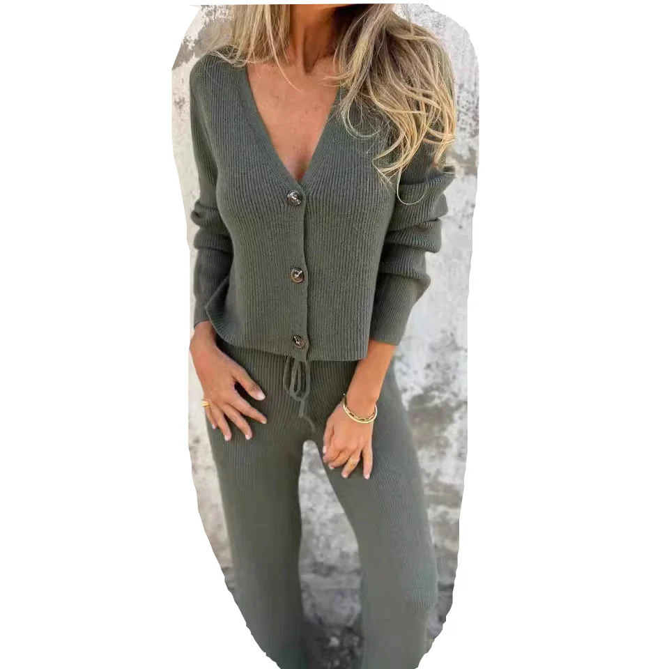 Women's Knit Cardigan and Wide Leg Trouser Two-Piece Set - Image 10