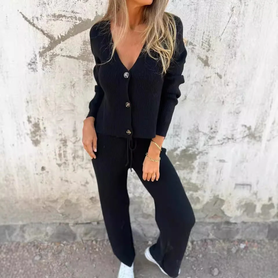 Women's Knit Cardigan and Wide Leg Trouser Two-Piece Set - Image 5