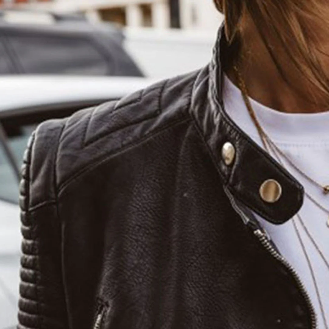 Faux Leather Biker Jacket with Zip Details for Women - Image 7
