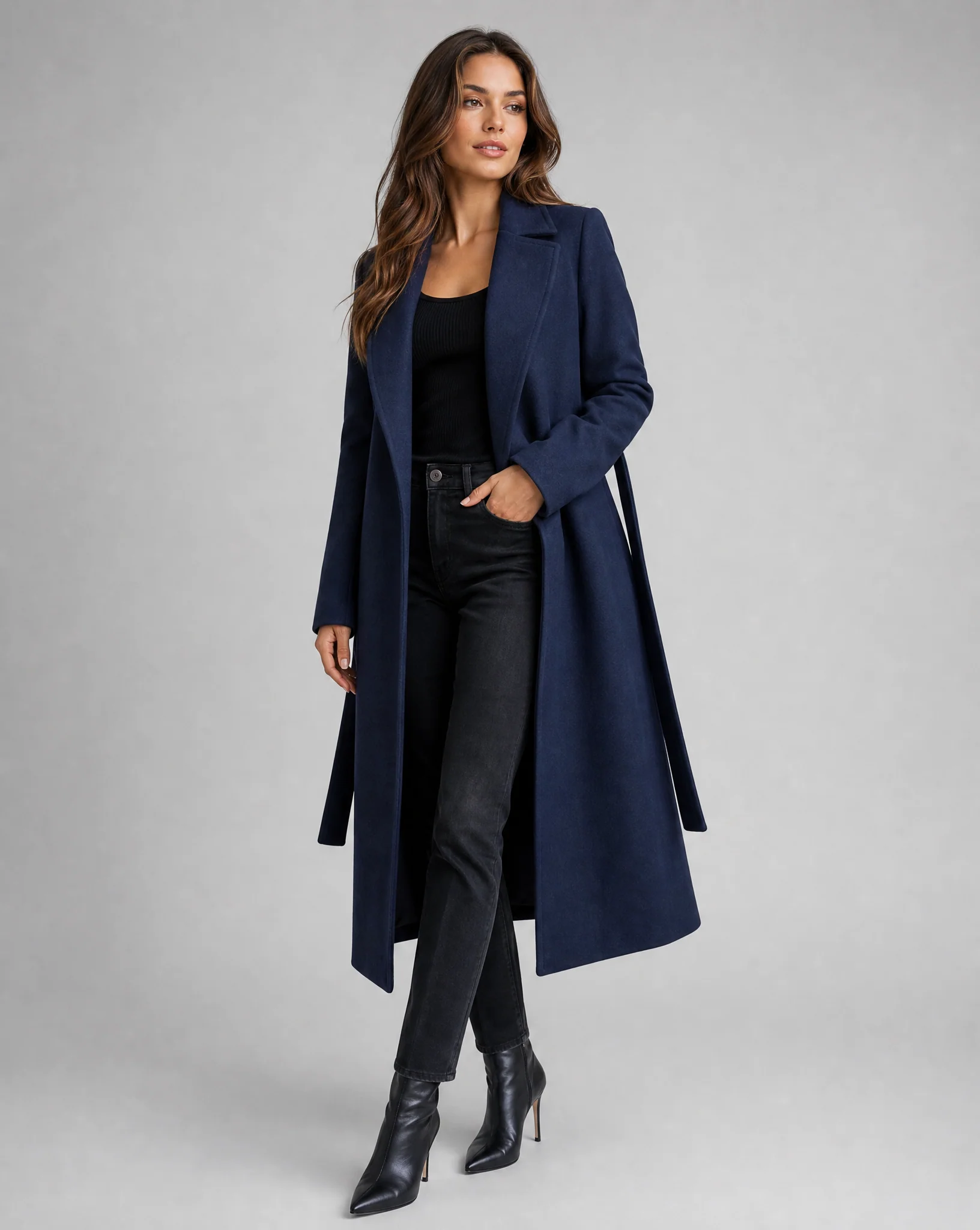 Women's Long Winter Trench Coat — Elegant Belted Lapel Long-Sleeve Wool-Blend Overcoat - Image 2
