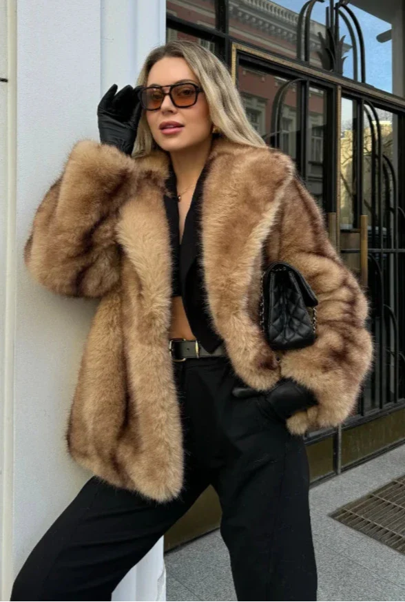 Women's Luxe Brown Faux Fur Oversized Coat - Image 2
