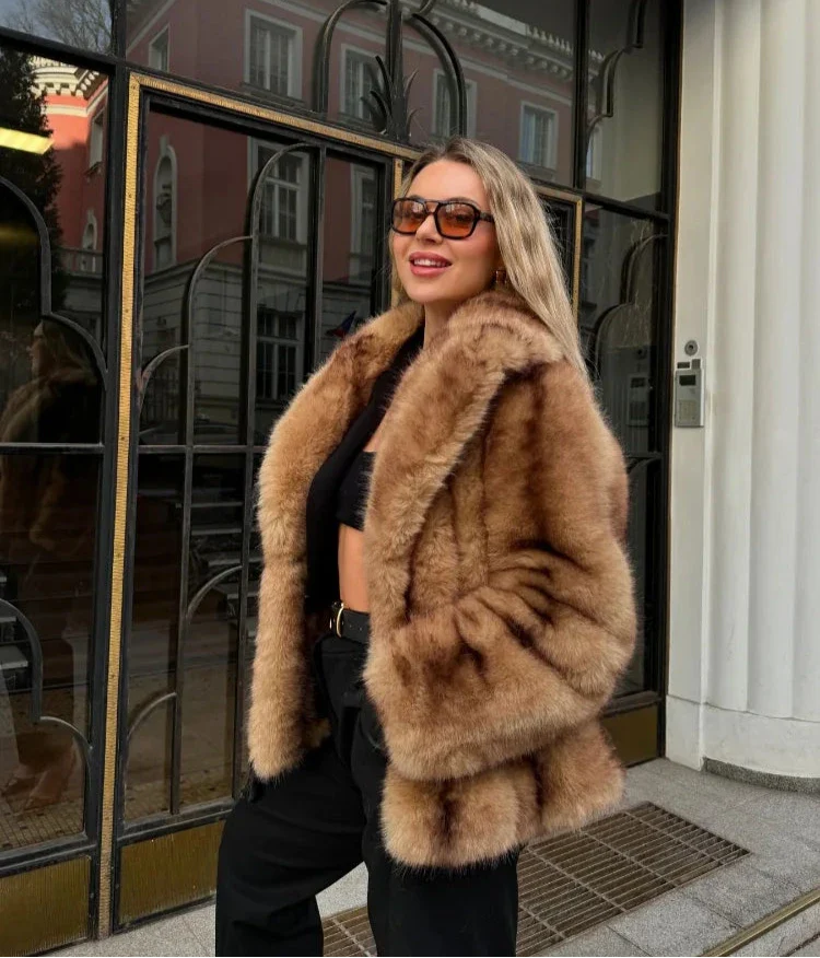 Women's Luxe Brown Faux Fur Oversized Coat - Image 4