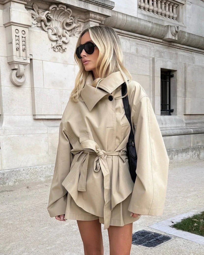 Women's Oversized Belted Short Beige Trench Coat