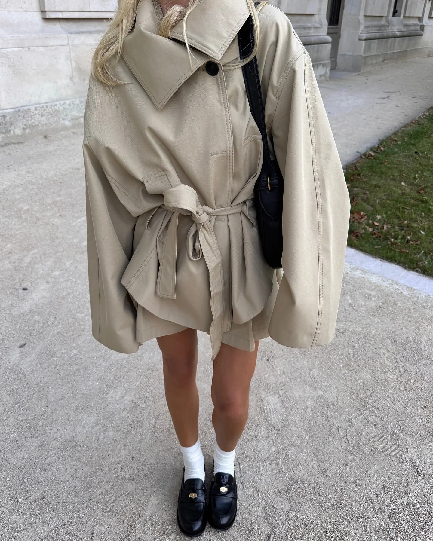 Women's Oversized Belted Short Beige Trench Coat - Image 2