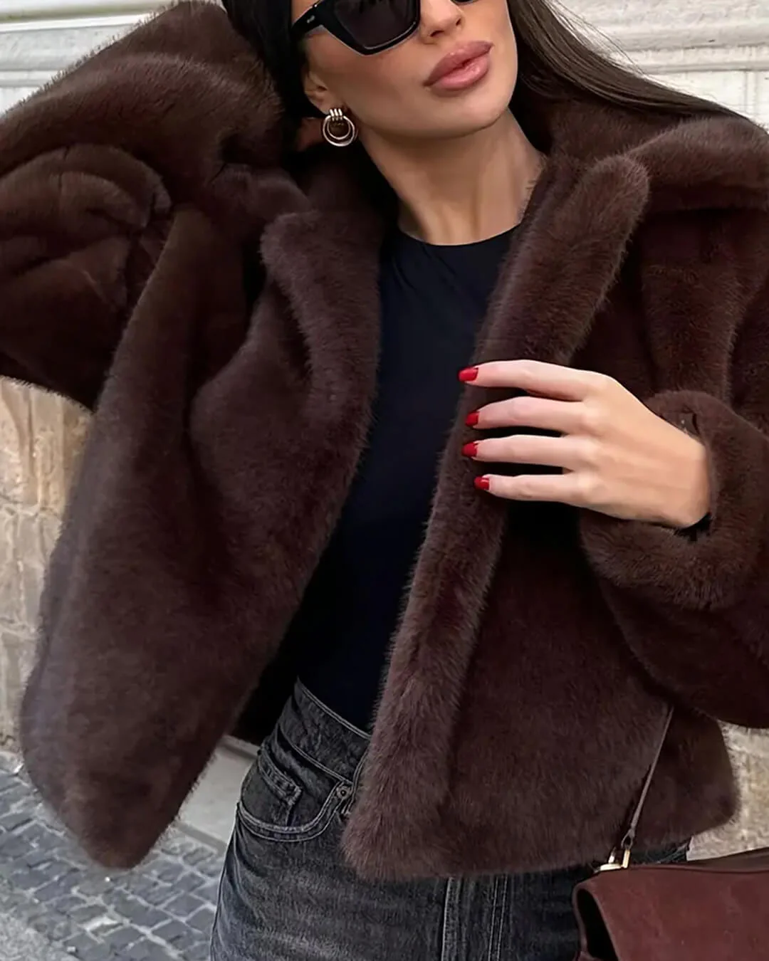 Women's Plush Brown Faux Fur Statement Jacket - Image 2
