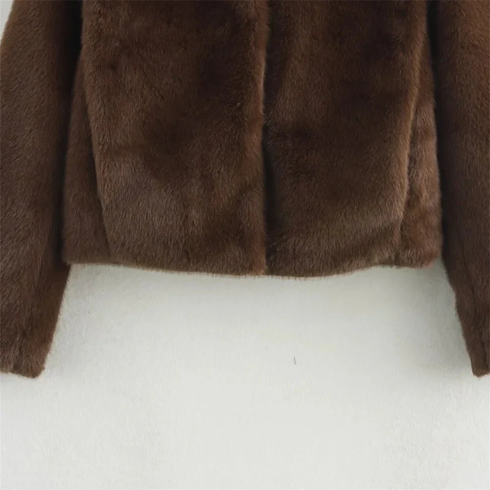 Women's Plush Brown Faux Fur Statement Jacket - Image 6