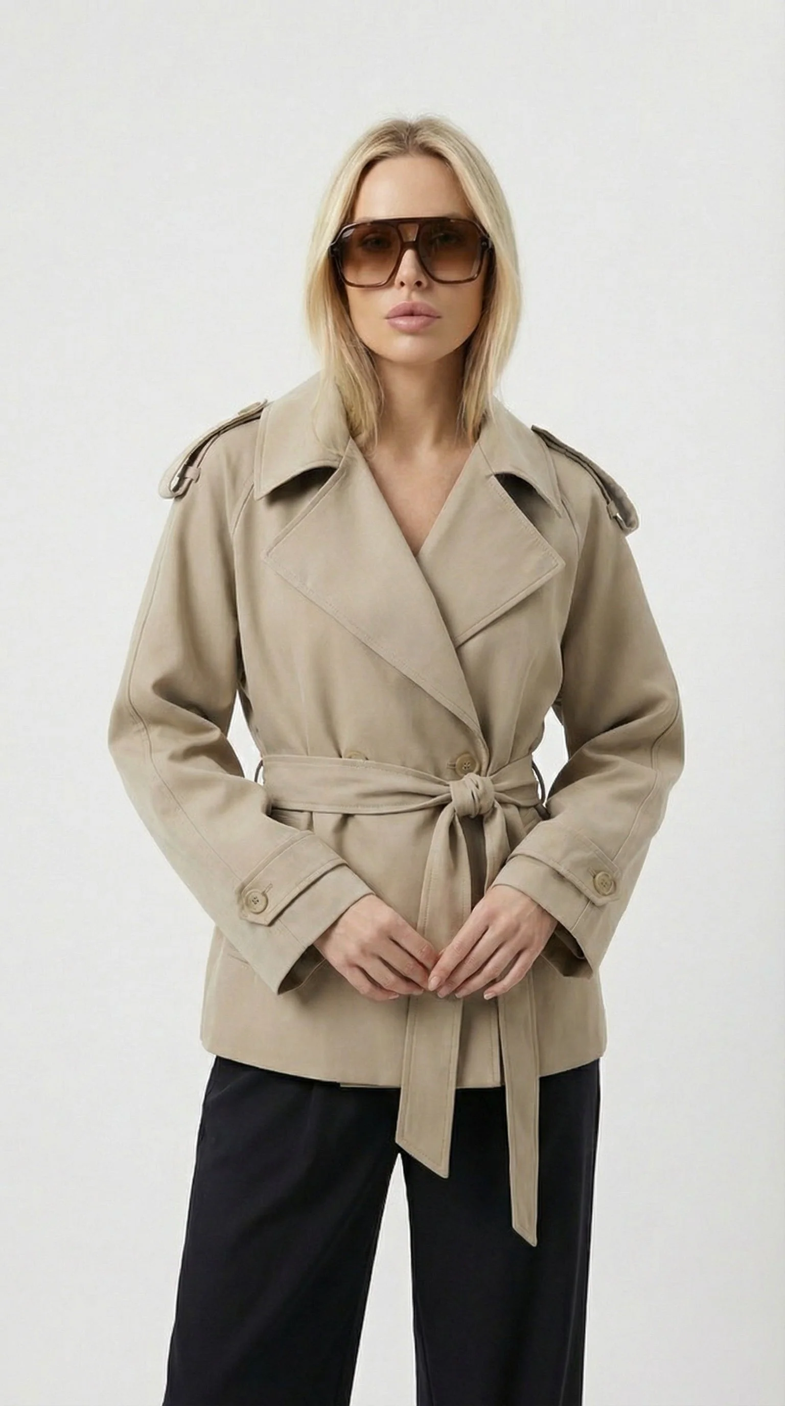 Women's Short Belted Khaki Trench Coat - Image 2