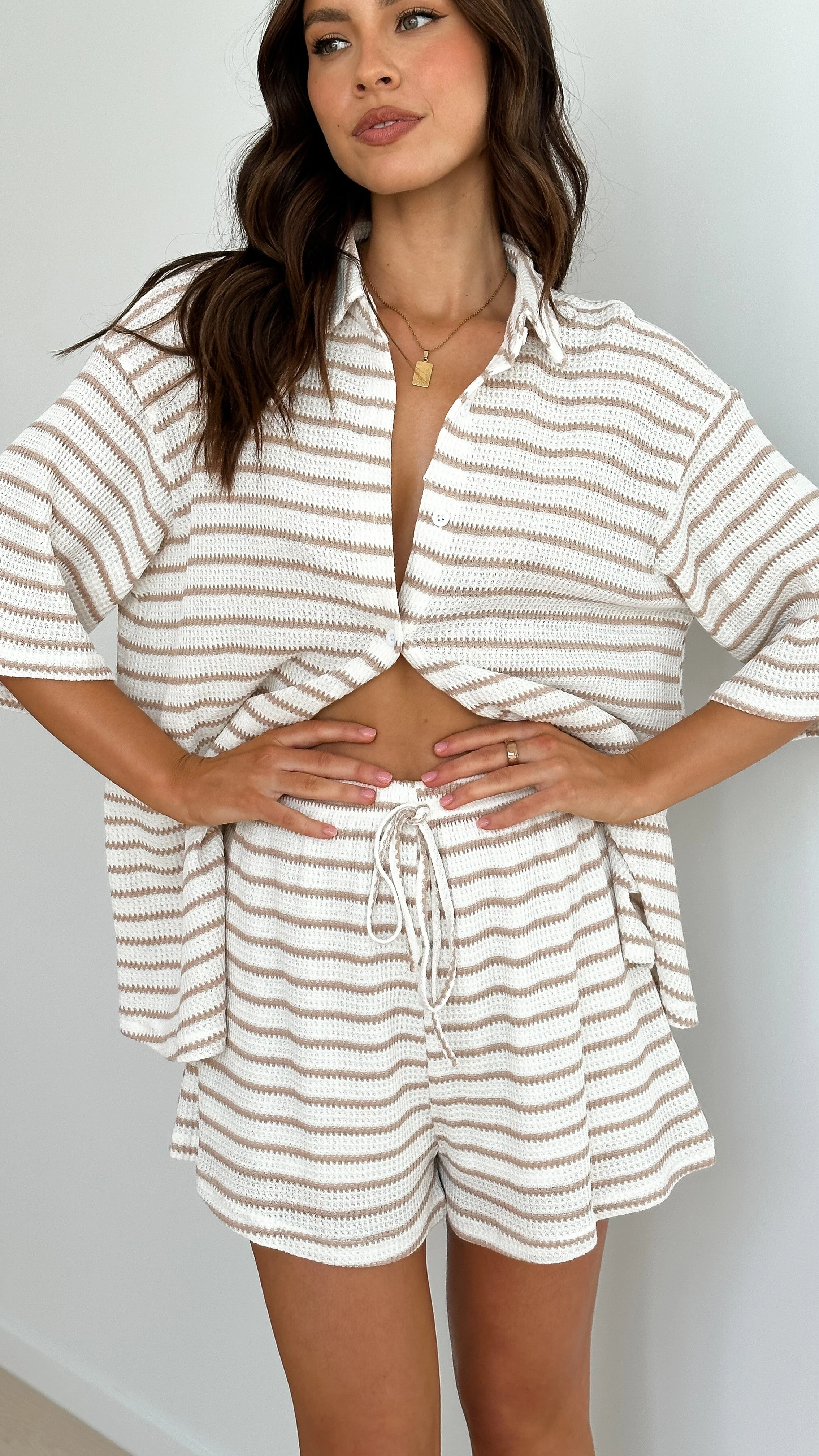 Beige Striped Knit Shirt & Shorts Set - Image 5