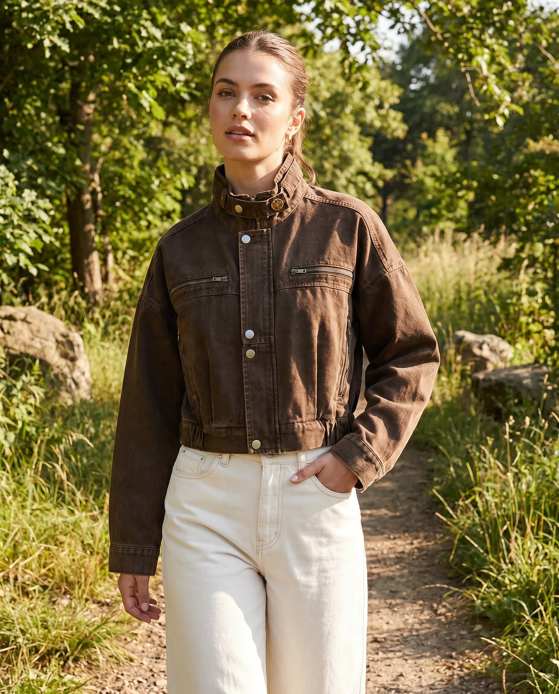 Women's Structured Cropped Brown Denim Jacket - Image 2