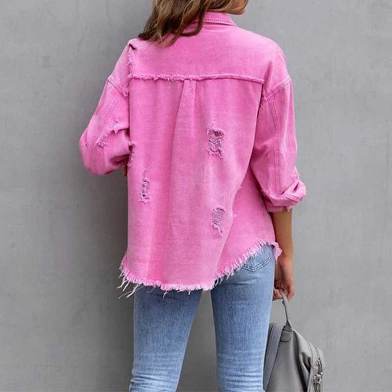 Women's Vintage-Inspired Distressed Denim Jacket — Frayed Relaxed-Fit Trucker Jacket - Image 2