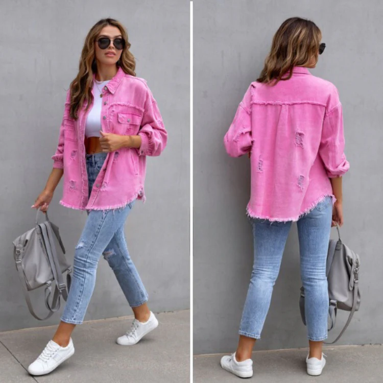 Women's Vintage-Inspired Distressed Denim Jacket — Frayed Relaxed-Fit Trucker Jacket - Image 3