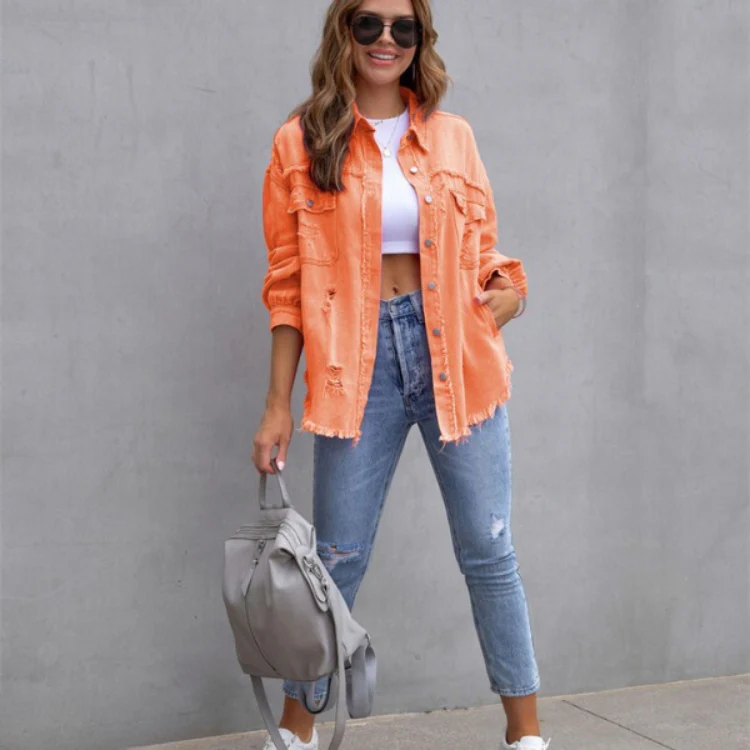 Women's Vintage-Inspired Distressed Denim Jacket — Frayed Relaxed-Fit Trucker Jacket - Image 5