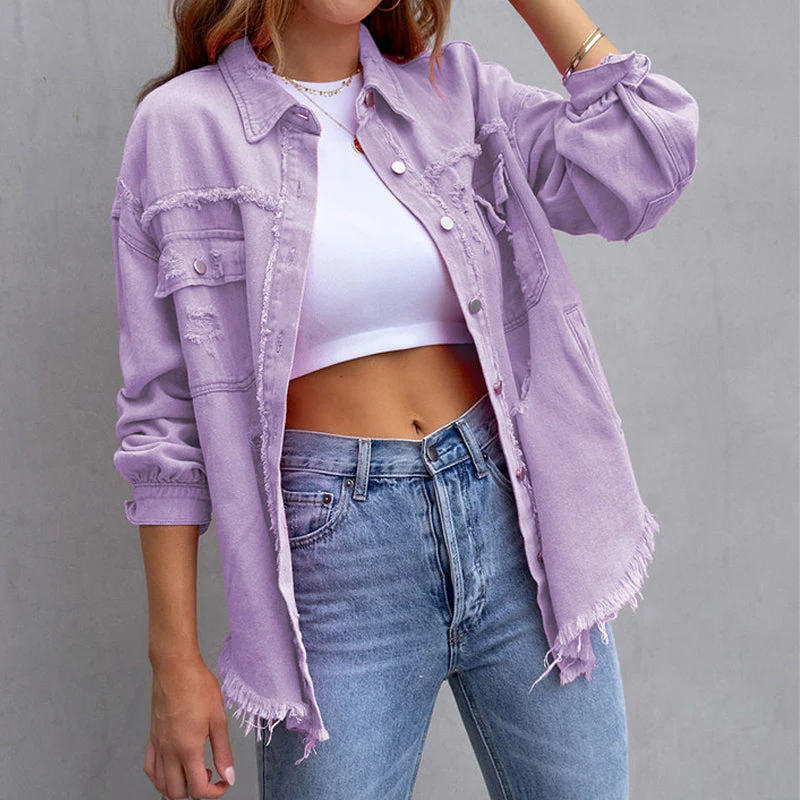 Women's Vintage-Inspired Distressed Denim Jacket — Frayed Relaxed-Fit Trucker Jacket - Image 6