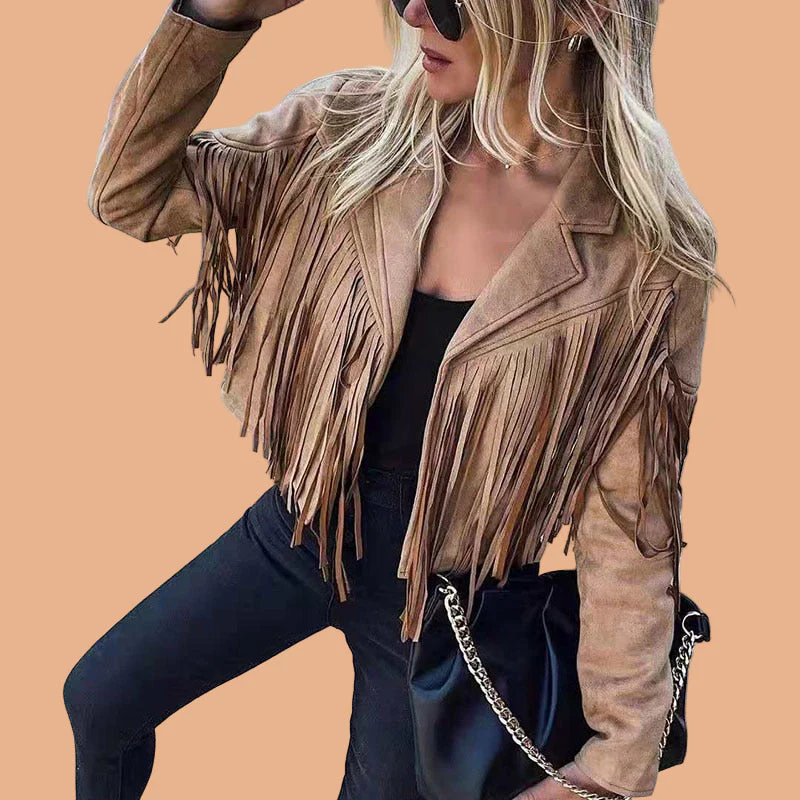 Women's Western Fringe Cropped Suede Jacket — Boho Statement Long-Sleeve Tassel Jacket - Image 2