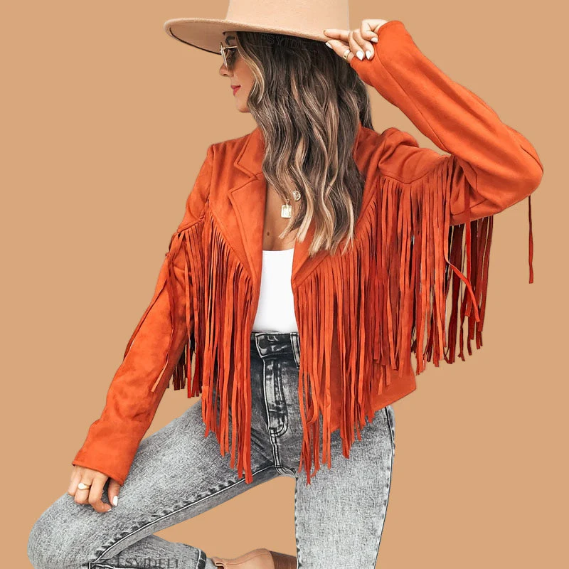 Women's Western Fringe Cropped Suede Jacket — Boho Statement Long-Sleeve Tassel Jacket - Image 3