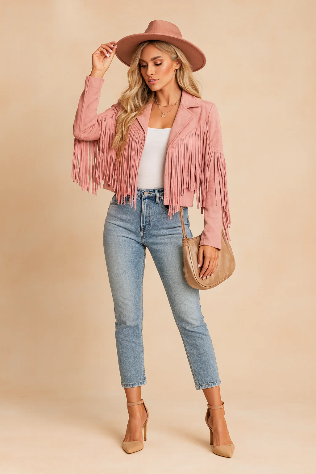 Women's Western Fringe Cropped Suede Jacket — Boho Statement Long-Sleeve Tassel Jacket - Image 4