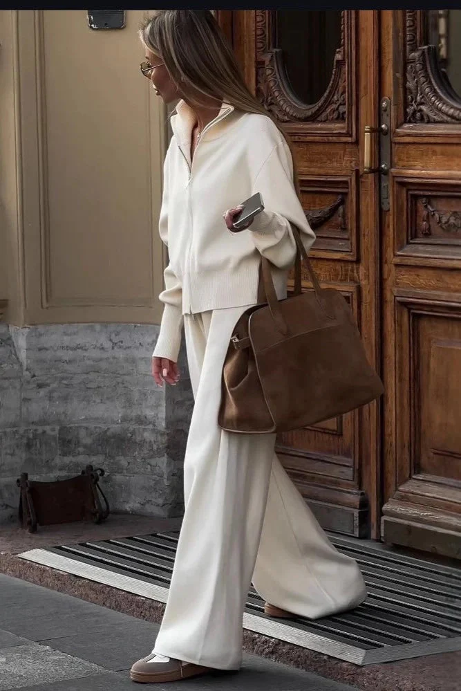 Zip-Up Knit Jacket and Wide-Leg Trousers Two-Piece Set - Image 2