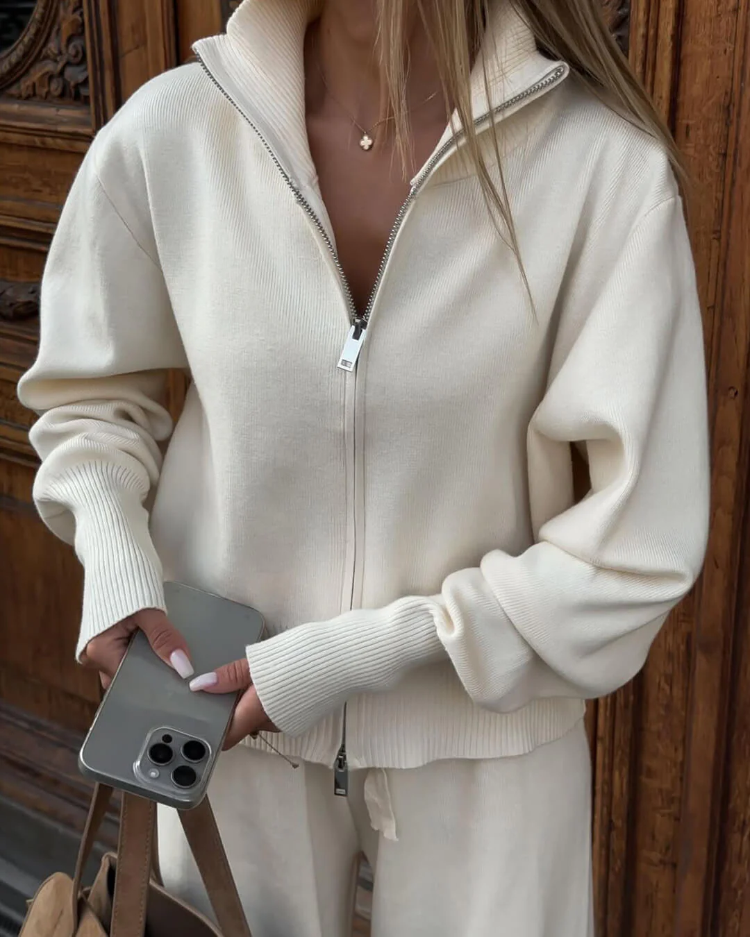 Zip-Up Knit Jacket and Wide-Leg Trousers Two-Piece Set - Image 3