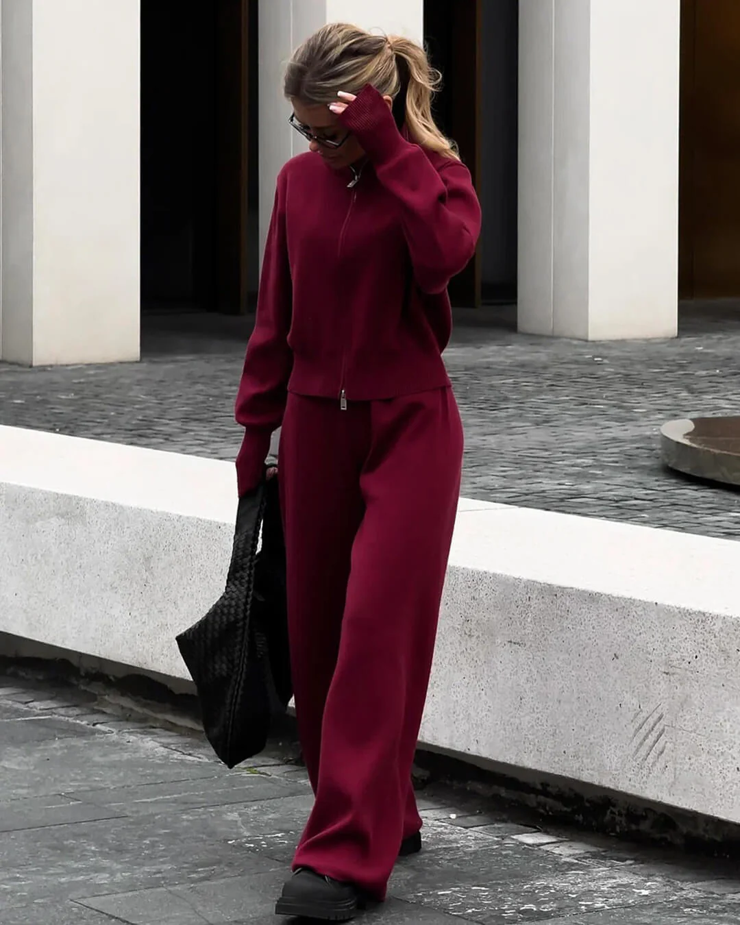Zip-Up Knit Jacket and Wide-Leg Trousers Two-Piece Set - Image 8